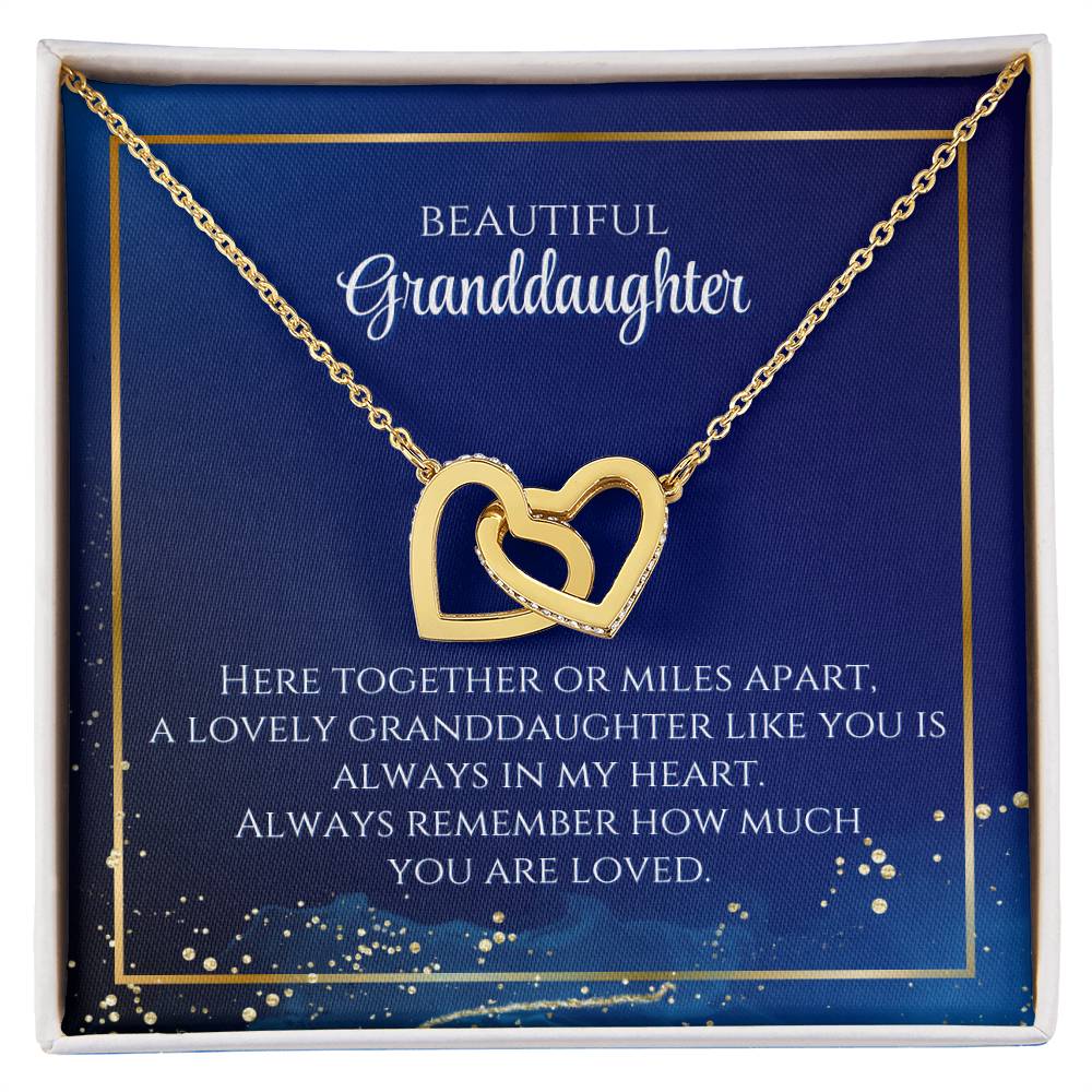 To My Beautiful Granddaughter Necklace. Here together or miles apart. A lovely granddaughter like you is always in my heart. Always remember how much you are loved. Interlocking Hearts Necklace