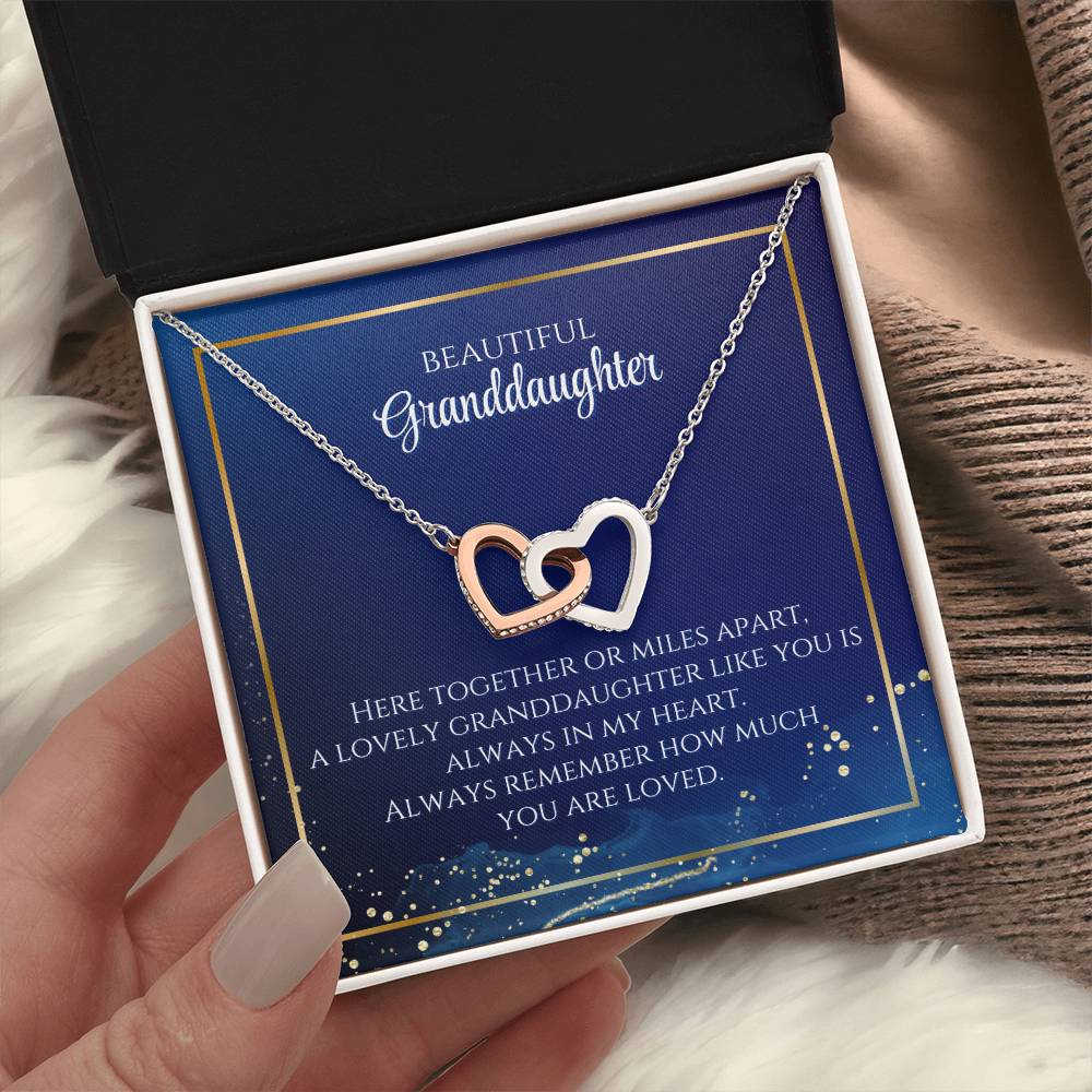 To My Beautiful Granddaughter Necklace. Here together or miles apart. A lovely granddaughter like you is always in my heart. Always remember how much you are loved. Interlocking Hearts Necklace